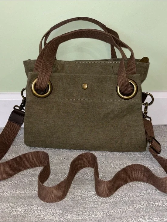 ZEDE Paris Pont Des Arts Mini Olive Canvas Leather Bag Tote W Crossbody Strap - Picture 2 of 15